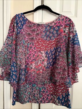 Chaus Pink and Blue Floral Flutter-Sleeve Blouse
